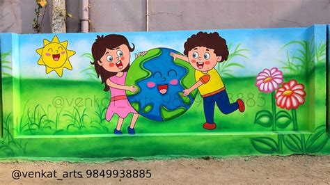 Save Earth 🌎 School Wall Painting, play school wall painting, school ...