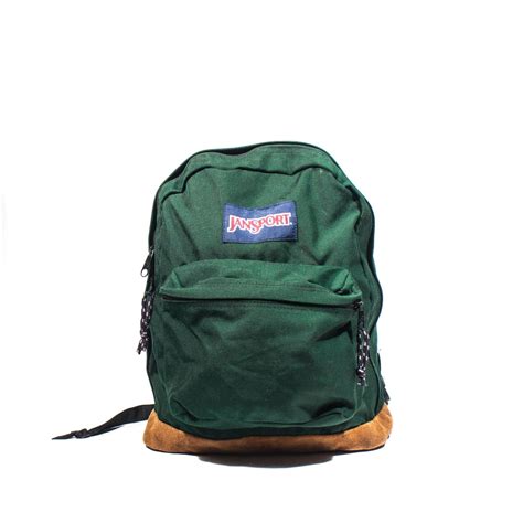 Vintage Jansport Backpack In Green Nylon And Tan Leather