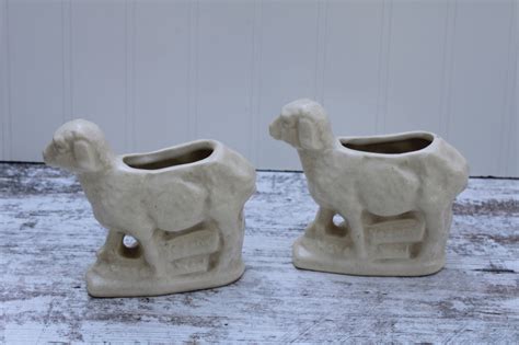 Vintage Mccoy Pottery Creamy White Sheep Figural Planters Pair Country