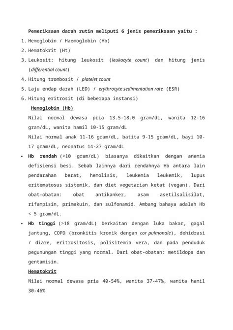 DOCX Pemeriksaan Darah Rutin Meliputi 6 Jenis Pemeriksaan Yaitu