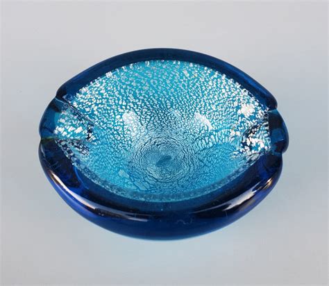 Vintage Italian Murano Hand Blown Cobalt Blue Art Glass Bowl Silver