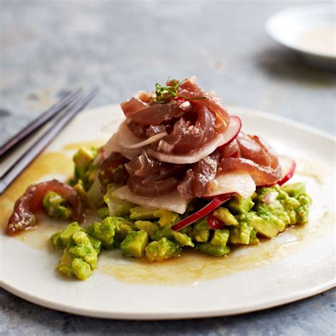 Ginger Marinated Tuna Ribbons With Spicy Avocado And Radish Salad