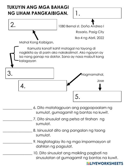 Bahagi Ng Liham Interactive Worksheet 2nd Grade Worksheets Teaching