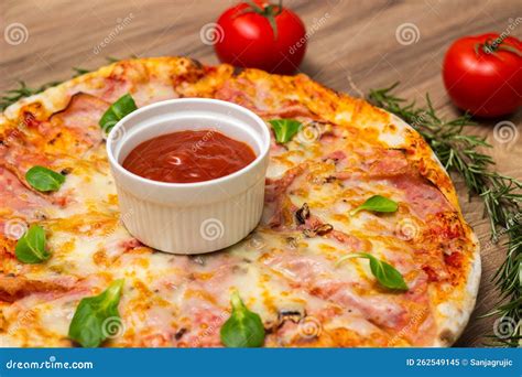 Freshly Baked Pizza With Ham Tomato And Cheese Stock Image Image Of