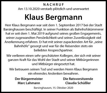 Traueranzeigen Von Klaus Bergmann Trauer Anzeigen De