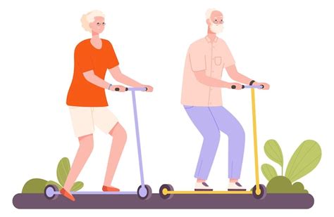 Premium Vector Seniors On Scooters Happy Old Man And Woman Riding