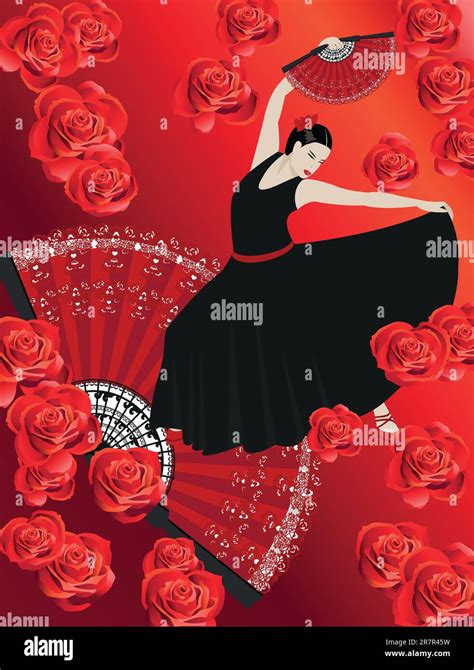 Illustration Of A Flamenco Dancer With A Spanish Fan And Roses Stock