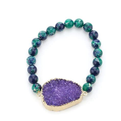 5pcs Blue Green Natural Stone Bracelets For Women Irregular Crystal Druzy With Imperial Jaspers