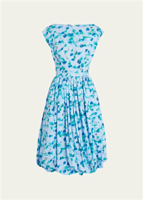 Marni Floral Print Midi Dress With Balloon Skirt Lightblue Editorialist