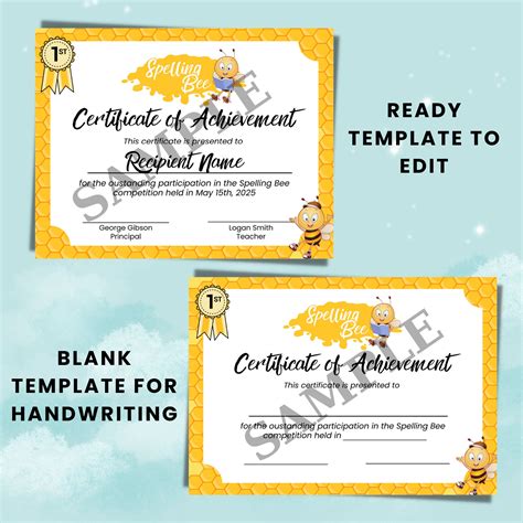 Editable Spelling Bee Certificate Template Spelling Participant Award Spelling Bee Canva