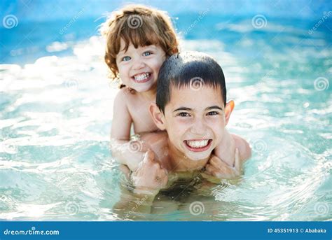 Brother And Sister Bathe Outside In Pool Stock Image Image Of Inflatable Enjoying 45351913