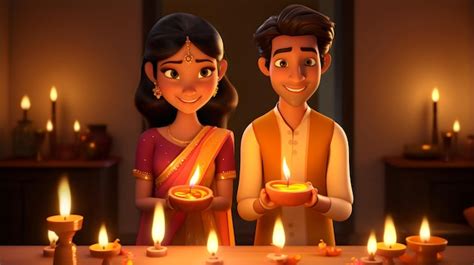 Indian 3d Couples With Diya Diwali And Karwa Chauth Design Style Premium Ai Generated Image