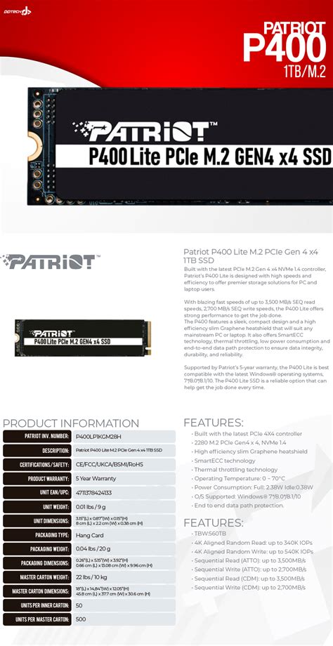 Unidad De Estado S Lido Ssd Patriot P Lite Nvme Tb Pci Express