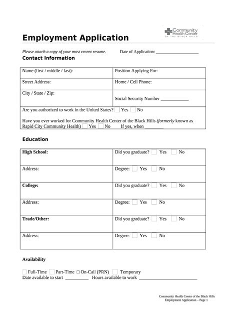 Employment Application Community Health Center Of The Black Hills Doc