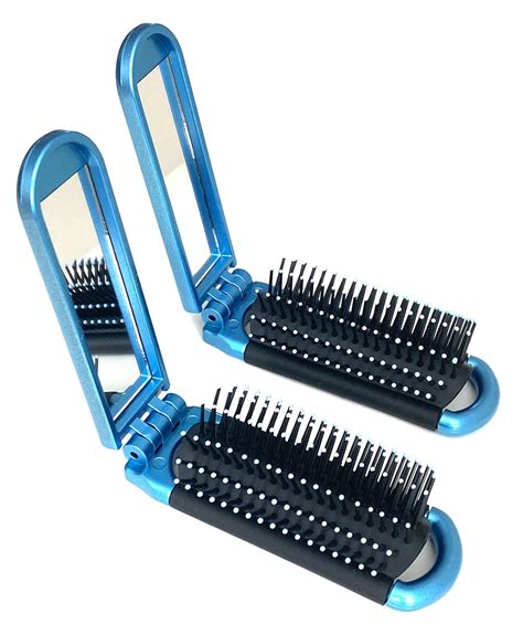 2 Blue Alazco Folding Hair Brush With Mirror Compact