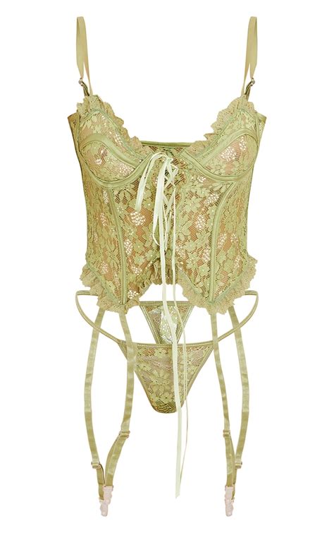 Sage Green Floral Lace Corset Suspender Thong Prettylittlething Usa