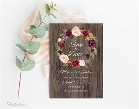 Rustic Save the Date Template, Rustic Floral Wedding Save the Date, Burgundy Save the Date ...