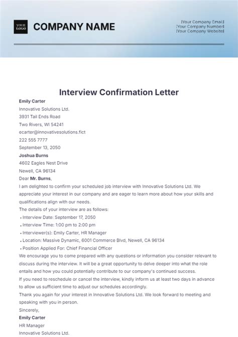 Free Interview Confirmation Letter Template Edit Online And Download