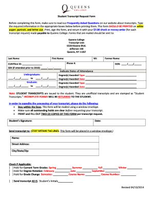 Fillable Online Qc Cuny Revised Student Transcript Request