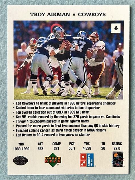 1991 Upper Deck Domino S Pizza QB Challenge 6 Troy Aikman HOF MINT