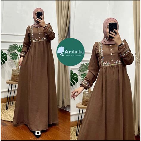 Jual Zalfya Dres Gamis Crinkle Airflow Premium Variasi Bordir Bunga