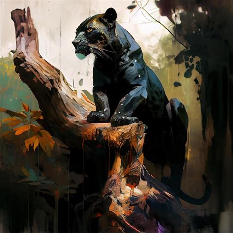 Premium AI Image Black Panther On A Tree Trunk Jungle Background