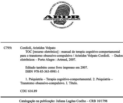 Livro Toc Manual De Terapia Cognitivo Comportamental Para O