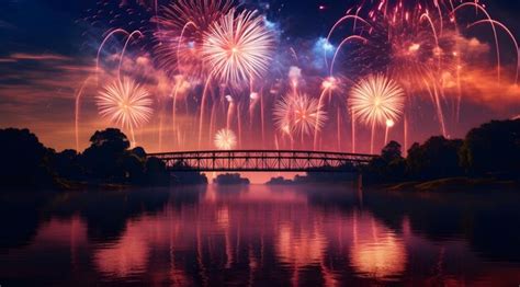 Premium AI Image | Fireworks over a bridge with a bridge in the background