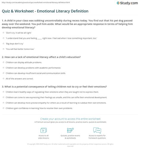 Quiz & Worksheet - Emotional Literacy Definition | Study.com