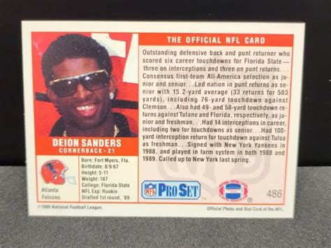 1989 89 PRO Set DEION SANDERS ROOKIE CARTE 486 COACH Prime RC Falcons