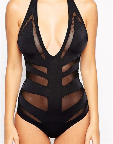 Lyst Asos Tall Mesh Insert V Plunge Swimsuit In Black