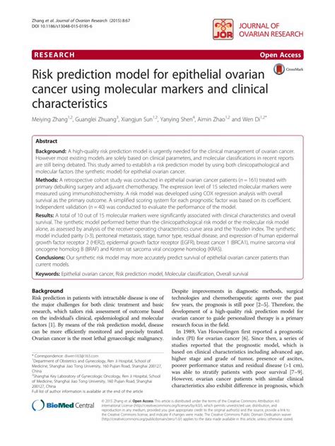 PDF Risk Prediction Model For Epithelial Ovarian Cancer Using A