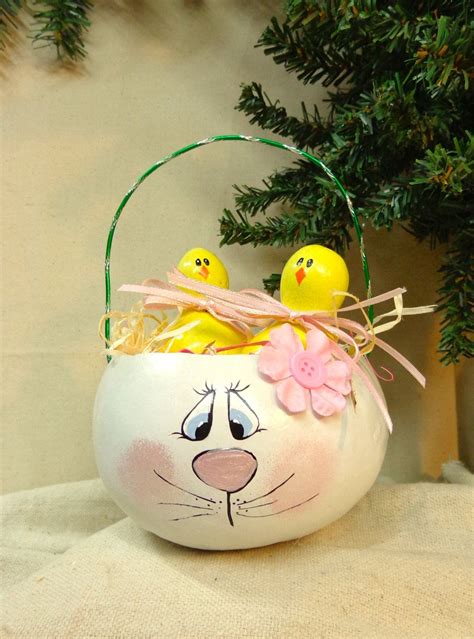 Hand Painted Gourd Bunny Easter Basket With Two Gourd Chicks By Debbie