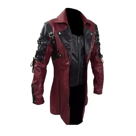 Gothic Steampunk Matrix Black And Maroon Leather Trench Coat