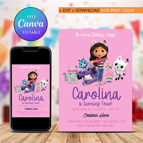 Gabbys Dollhouse Birthday Invitation Girl Editable Template Inspire