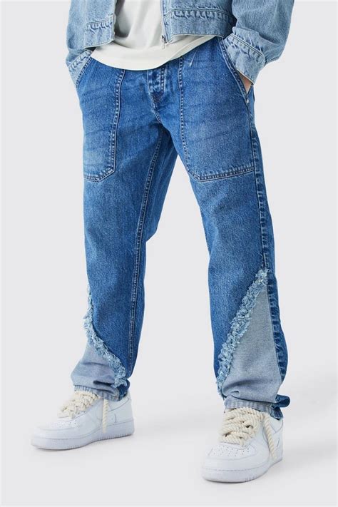 Relaxed Rigid Frayed Spliced Jeans In Mid Blue Boohoo Uk