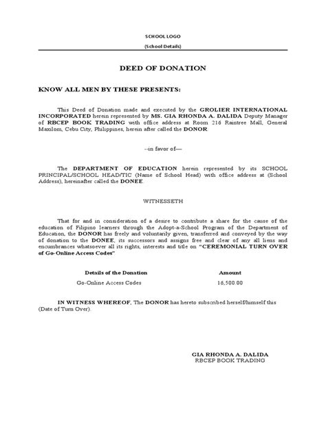 Deed Of Donation Know All Men By These Presents Pdf Deed Private Law