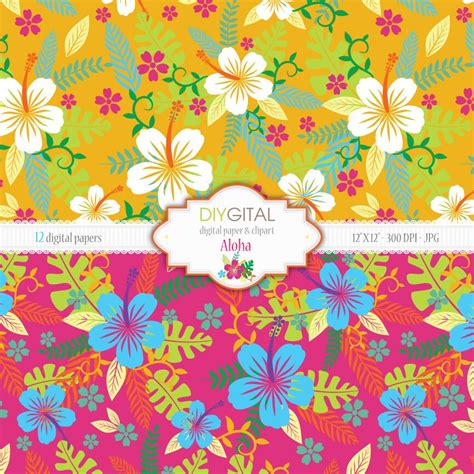 Aloha Hawaiian Style Digital Paper Set With Hibiscus By Diygital