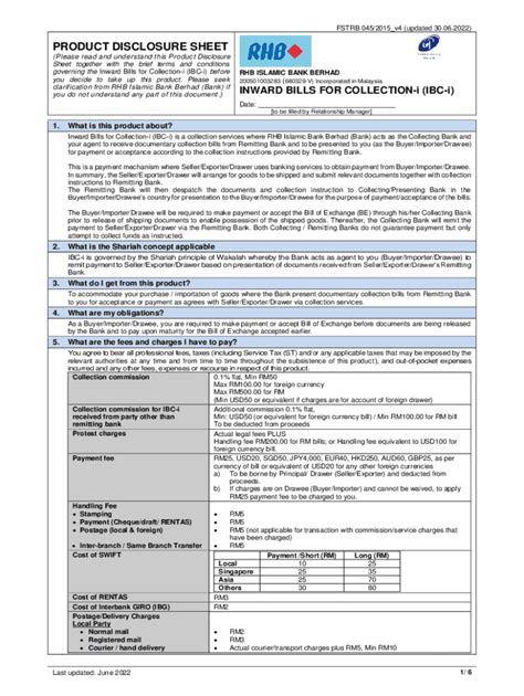 Fillable Online PRODUCT DISCLOSURE SHEET INWARD BILLS Fax Email