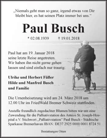 Traueranzeigen Von Paul Busch Trauer Gedenken