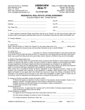 Fillable Online Listing Agreement Creekview Realty Fax Email Print