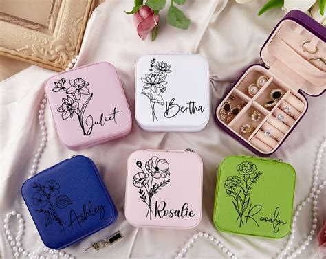 Personalized Travel Jewelry Case Birth Flower Jewelry Travel Case