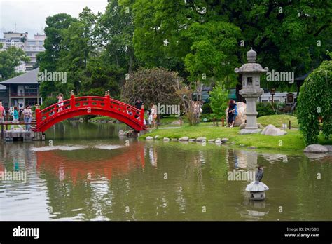 Japanese Garden With Red Wooden Bridge Near Plaza Italia In Buenos