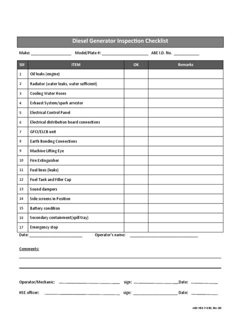 F 030 Diesel Generator Inspection Checklist Pdf