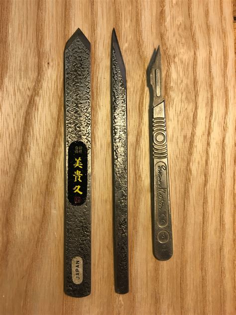 Selection Of Marking Knives Two Japanese Single Bevel Types And A