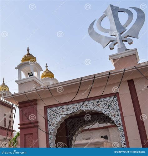 Khanda Sikh Holy Religious Symbol At Gurudwara Entrance With Bright