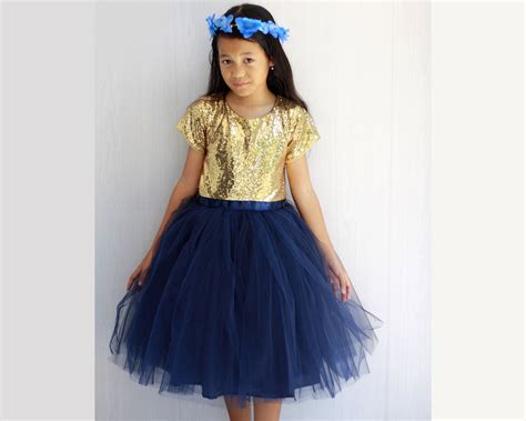 Navy Blue Flower Girl Dress, Gold Sequin With Short Sleeve Navy Tutu