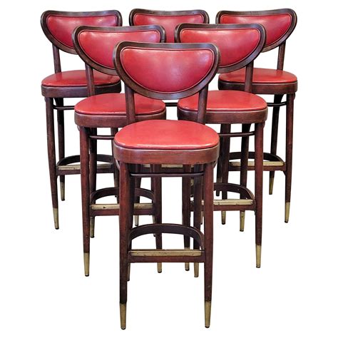 Vintage Bentwood Bar Stools With Original Ruby Red Vinyl And Brass