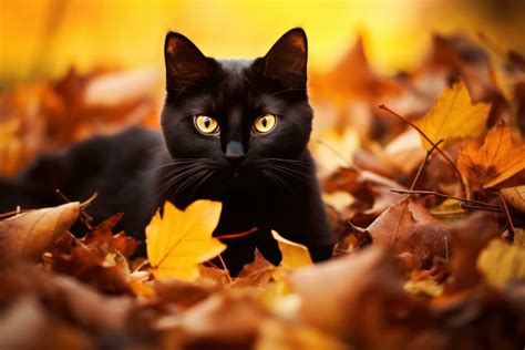 Black cat in autumn leaves 27428555 Stock Photo at Vecteezy