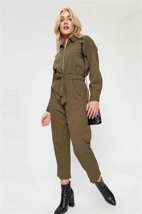 Jumpsuits Petite Khaki Zip Long Sleeve Jumpsuit Dorothy Perkins